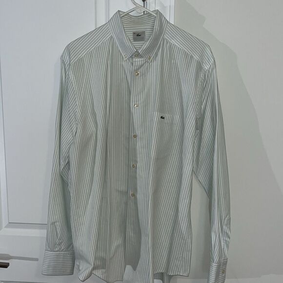 Green Stripe Off White Creme Mens Lacoste Alligator pocket LS men’s shirt 44 XL - Picture 2 of 9
